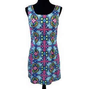 Kaeli Smith Blue Pink Bold Print Sleeveless Shift Dress 8